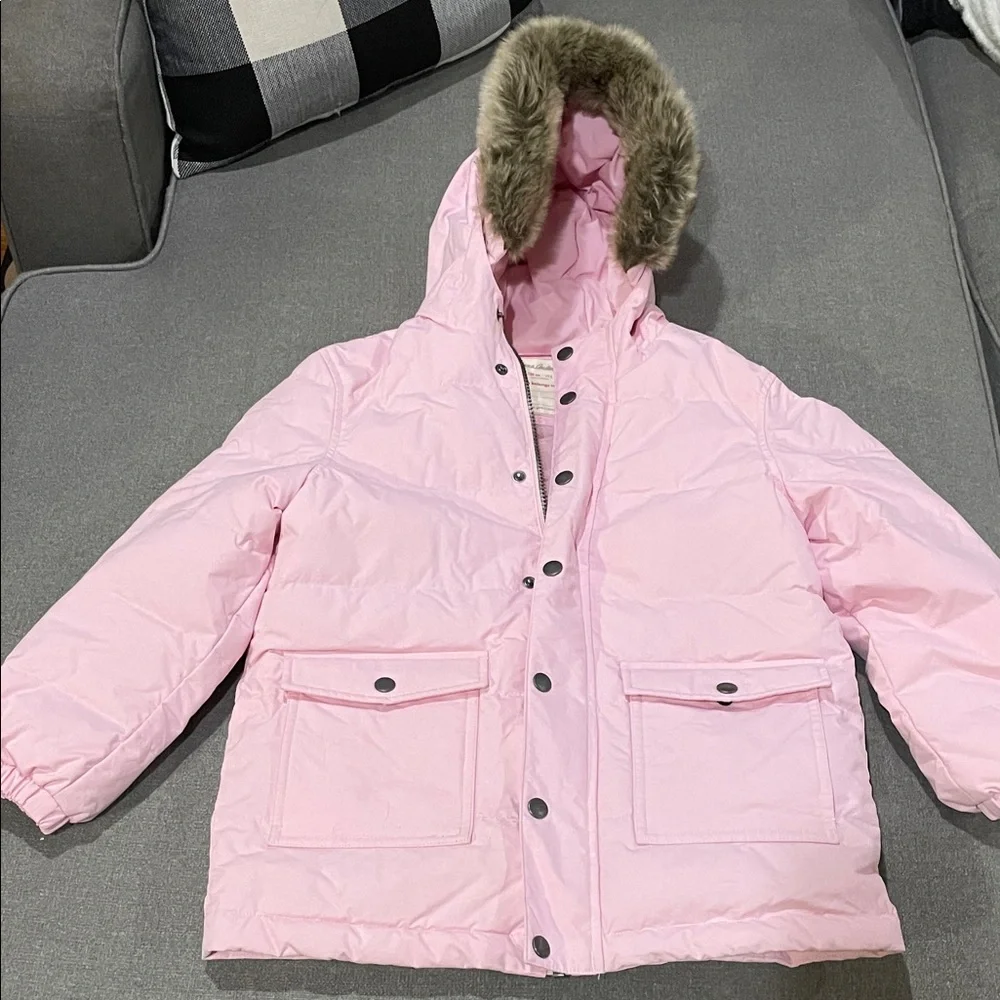 Hanna Andersson Pink Down Puff Coat with Removable Faux Fur Hood